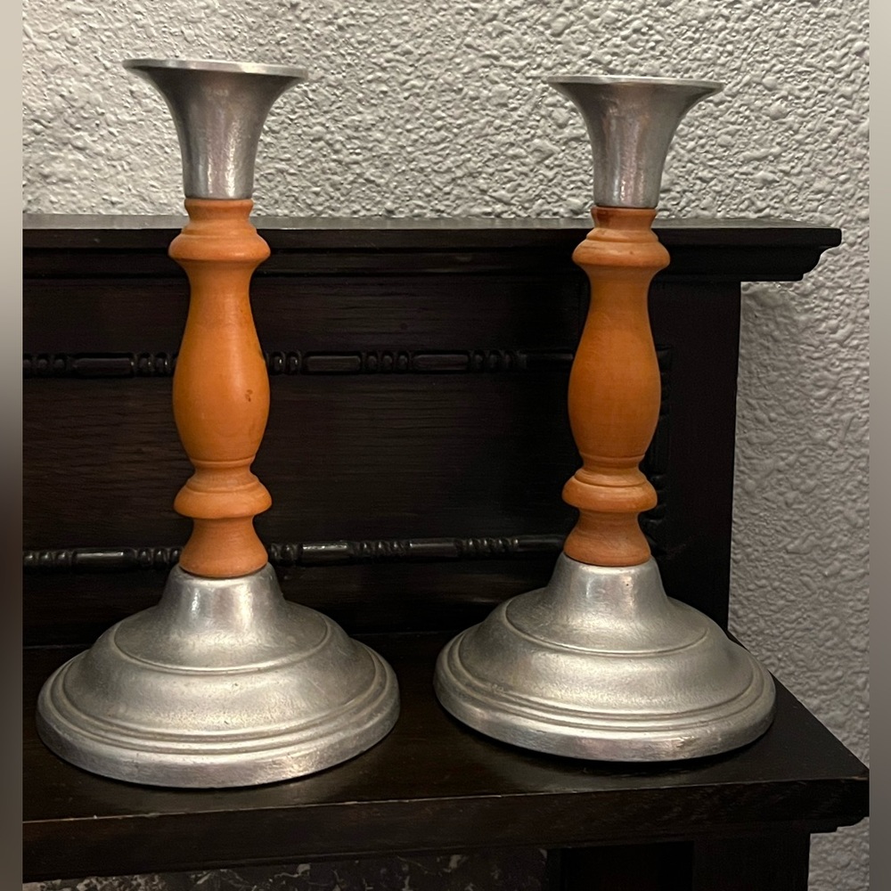 Vintage Wilton 1972 Metal and Wooden Candlesticks Set of 2